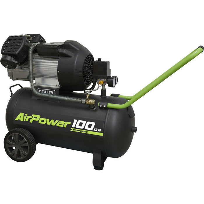 V-Twin Direct Drive Air Compressor - 100L Capacity Tank - 3hp Induction Motor Loops