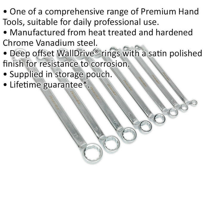 8pc Slim Handled DEEP OFFSET Ring Spanner Set - 12 Point Metric Double Ended Loops