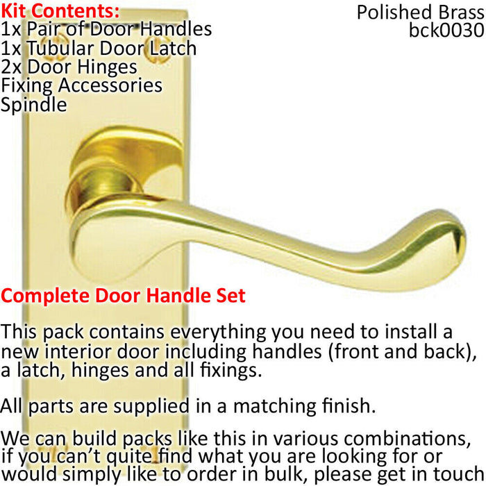 Door Handle & Latch Pack Brass Victorian Scroll Lever Turn Square Backplate Loops