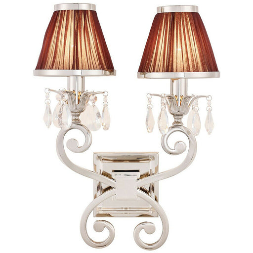 Esher Luxury Twin Curved Arm Traditional Wall Light Nickel Crystal Brown Shade Loops