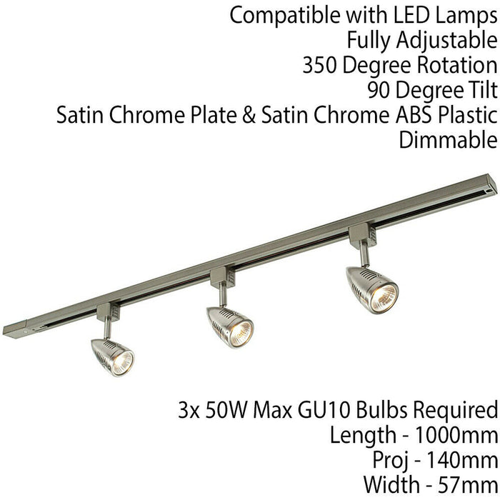 1m Adjustable Ceiling Track Spotlight Kit Satin Chrome 3x GU10 Downlight Rail Loops