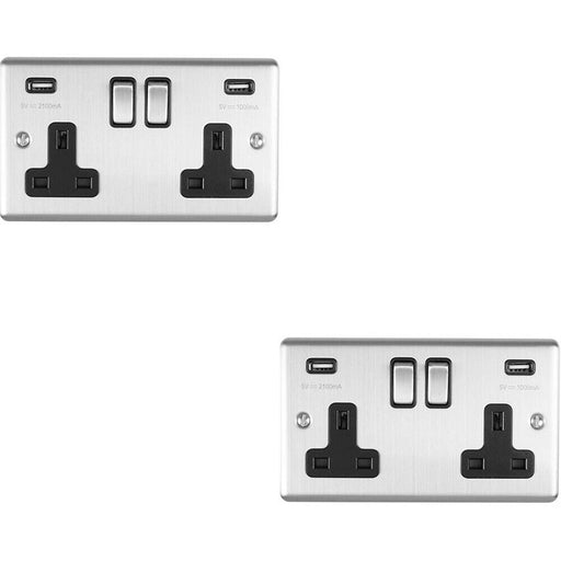 2 PACK 2 Gang Single UK Plug Socket & 2.1A USB SATIN STEEL & Black 13A Switched Loops
