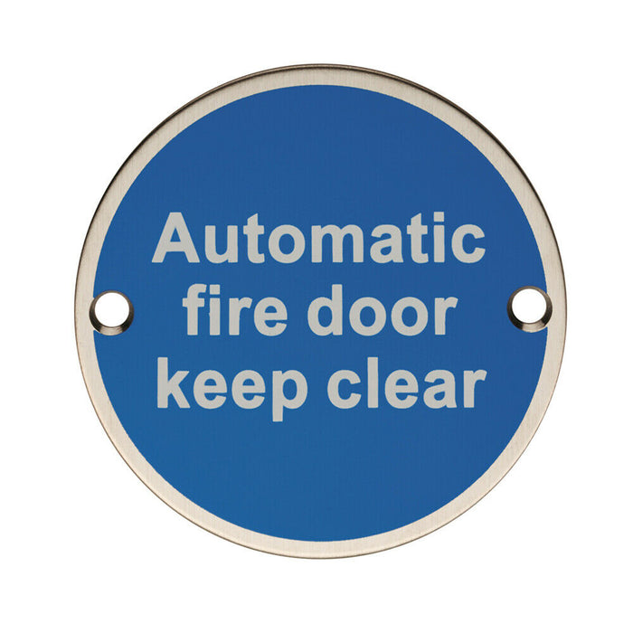 Automatic Fire Door Keep Clear Plaque 76mm Diameter Bright Stainless Steel Loops