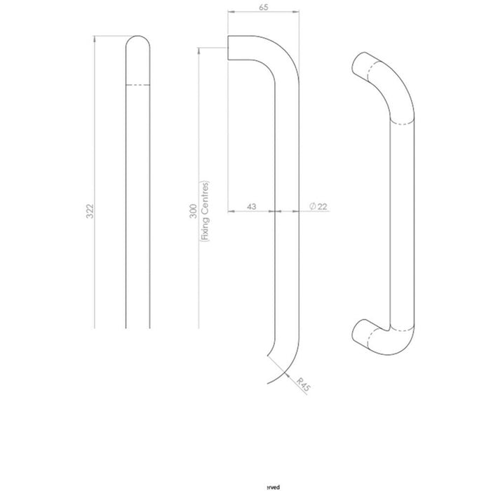 2x Round D Bar Door Pull Handle 322 x 22mm 300mm Fixing Centres Satin Steel Loops