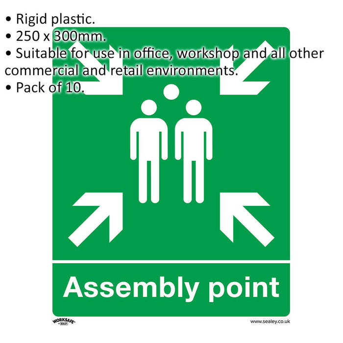 10x ASSEMBLY POINT Health & Safety Sign - Rigid Plastic 250 x 300mm Warning Loops