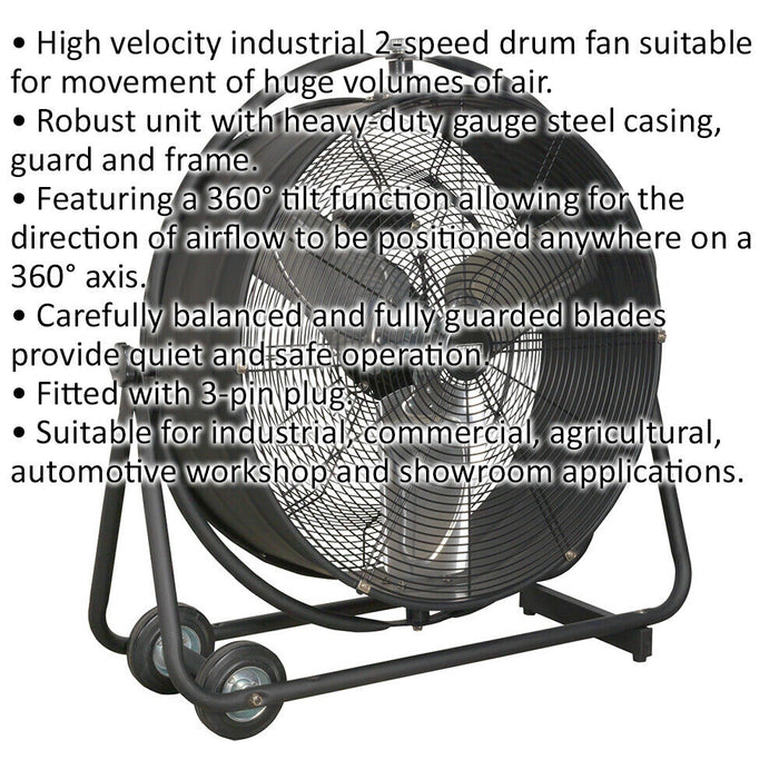 24" Industrial High Velocity Orbital Drum Fan - 2 Speed  - 360 Degree Tilt Loops