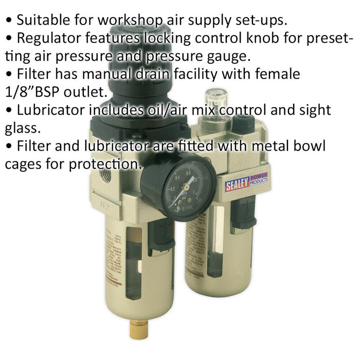 Air Supply Filter Regulator & Lubricator - 1/4" BSP Inlet - 60cfm Max Airflow Loops