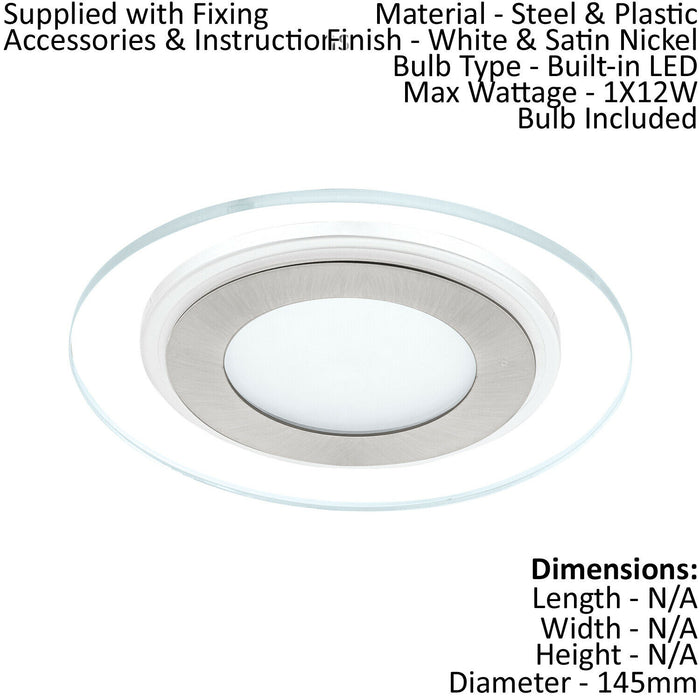 Wall / Ceiling Flush Downlight White & Satin Nickel 12W Built in LED Loops