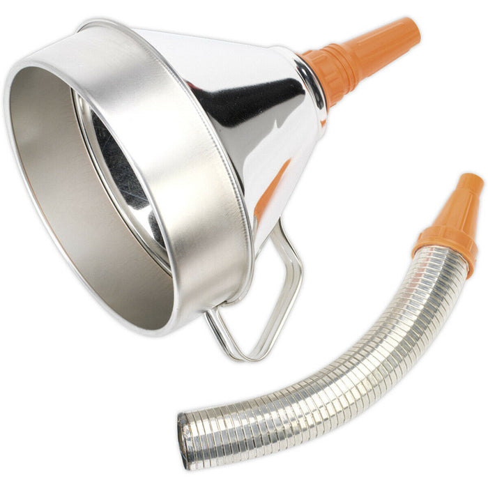 200mm Metal Funnel with Brass Filter - Flexi Spout - Pouring Handle - High Rim Loops