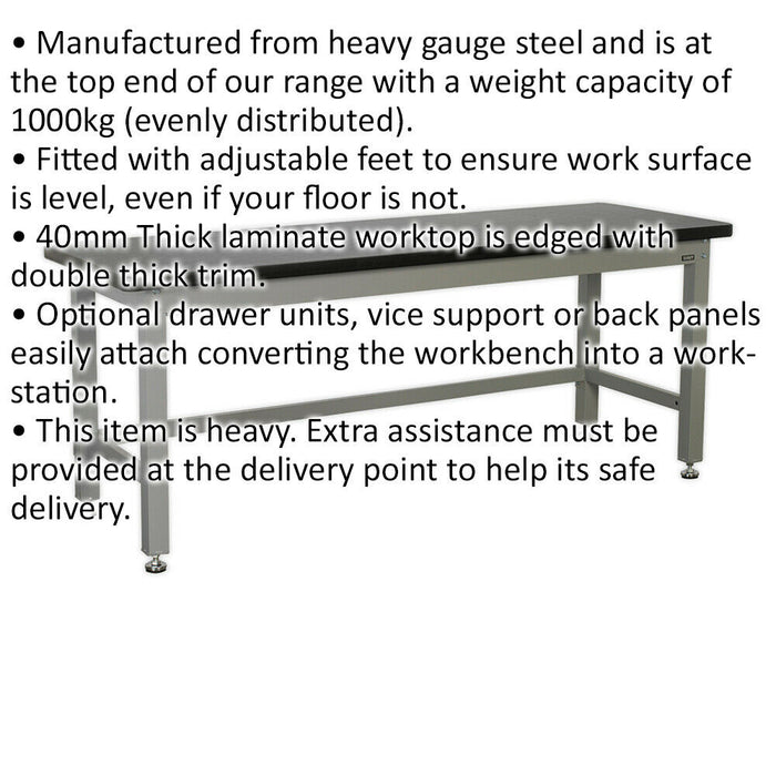Steel Industrial Workbench - 2100mm x 750mm Laminate Worktop - Adjustable Feet Loops