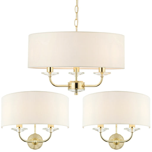 3 Bulb Ceiling Pendant Lamp & 2x Matching Twin Wall Light Modern Brass Plate Loops