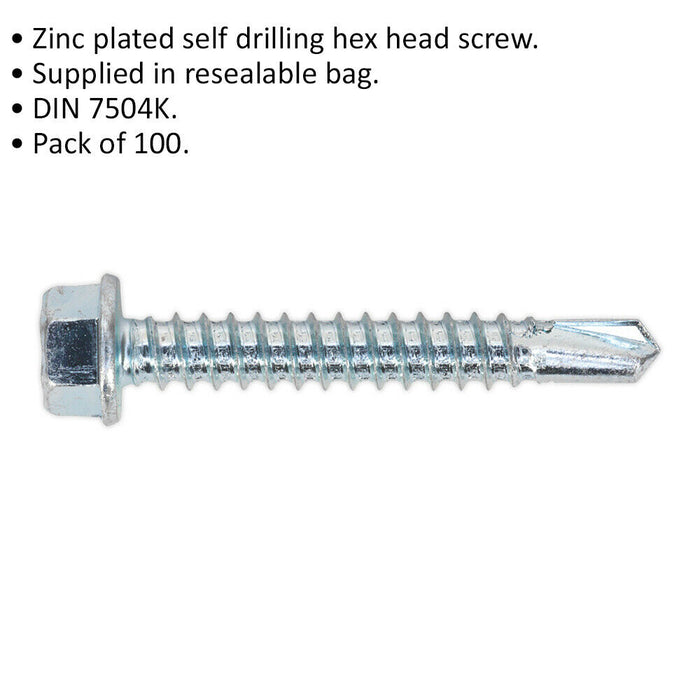 100 PACK 5.5 x 38mm Self Drilling Hex Head Screw - Zinc Plated Fixings Screw Loops