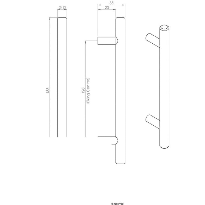 2x T Bar Cupboard Pull Handle 188 x 12mm 128mm Fixing Centres Matt Black Loops