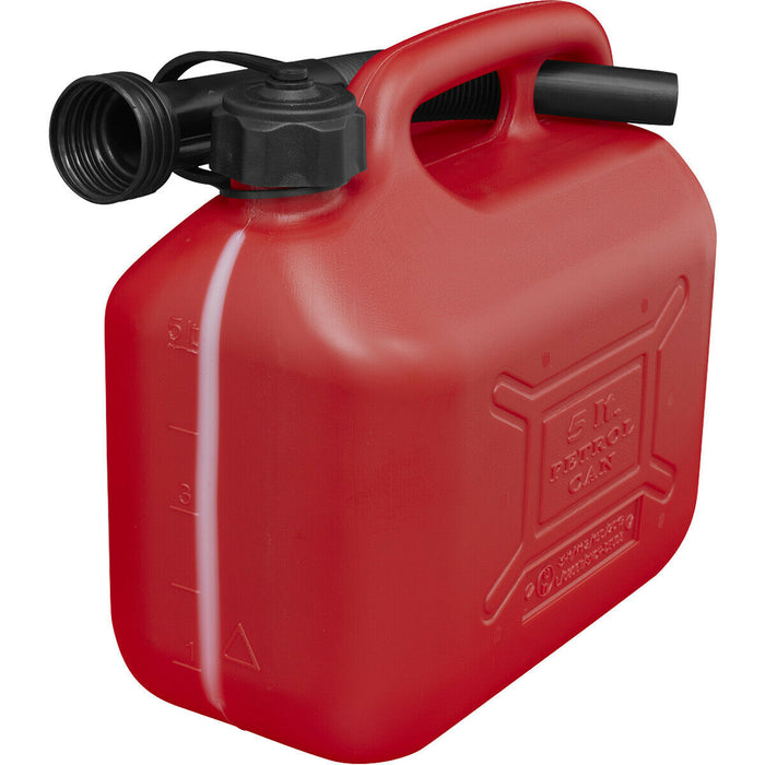 5 Litre Plastic Fuel Can -  Safety Screw Lock Cap - Flexible Spout - Red Loops