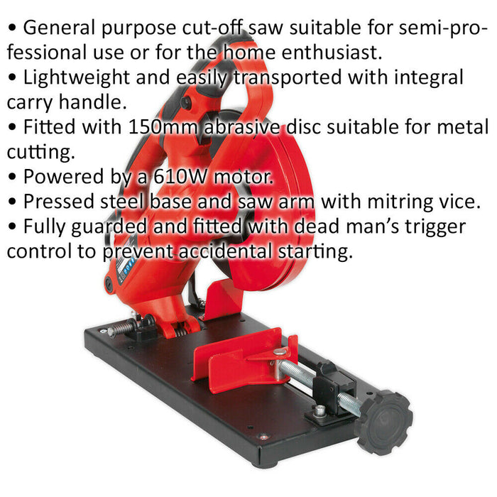 Lightweight Cut-Off Saw Machine with 150mm Abrasive Disc - 610W Motor - 9000 RPM Loops