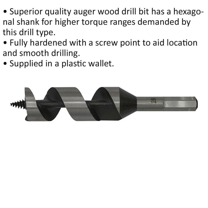 28 x 155mm Hardened Auger Wood Drill Bit - Hexagonal Shank - Woodwork Timber Loops