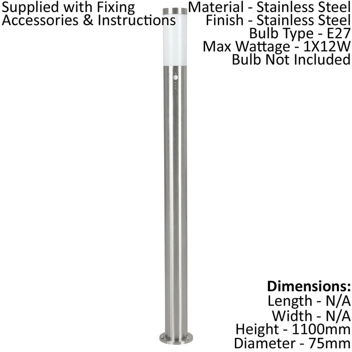 IP44 Outdoor Bollard Light PIR Sensor Stainless Steel 12W E27 1100mm Lamp Post Loops