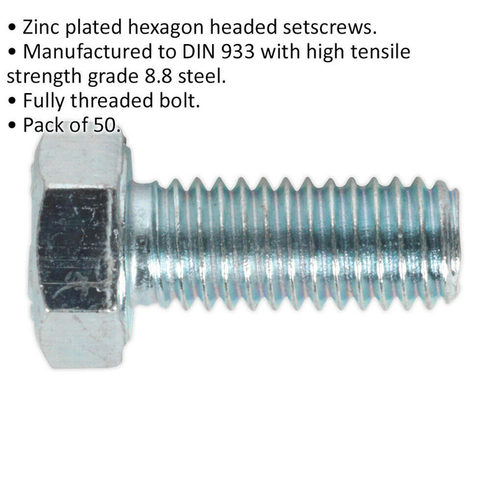 50 PACK HT Setscrew - M5 x 12mm - Grade 8.8 Zinc - Fully Threaded - DIN 933 Loops