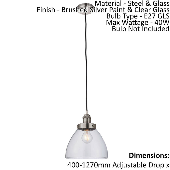 Ceiling Pendant Light - Brushed Silver Paint & Clear Glass - 40W E27 - Dimmable Loops