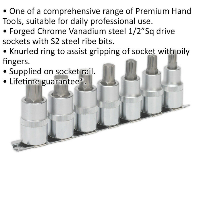 7pc Ribe Star Socket Bit Set - 1/2" Square Drive - 55mm Long S2 Steel Shafts Loops