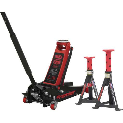 Twin Piston Hydraulic Trolley Jack & 2 x Axle Stands Kit - 3000kg Limit - Red Loops