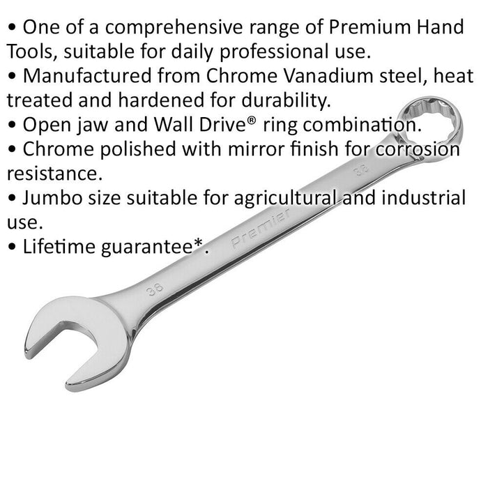 38mm EXTRA LARGE Combination Spanner - Open Ended & 12 Point Metric Ring Wrench Loops