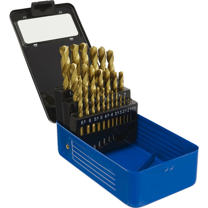 25 Piece Fully Ground HSS Drill Bit Set - 1mm to 13mm Sizes - Split Point Tip Loops