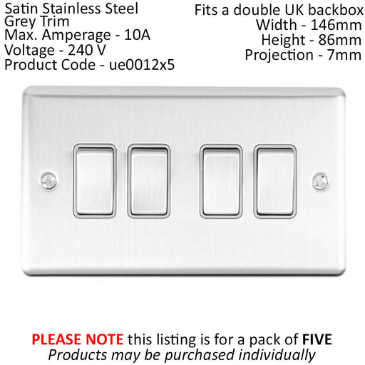 5 PACK 4 Gang Quad Metal Light Switch SATIN STEEL 2 Way 10A Grey Trim Loops