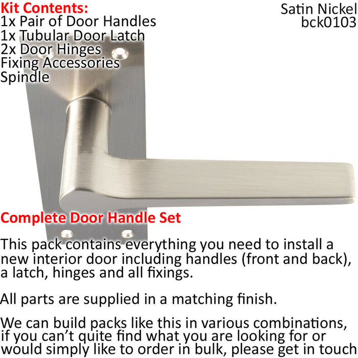 Door Handle & Latch Pack Satin Nickel Low Profile Flat Lever Square Backplate Loops