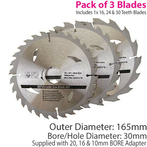 3 Pack 165mm x 30mm TCT Circular Saw Blades 162430 Teeth 20mm 16mm 10mm Ring Loops