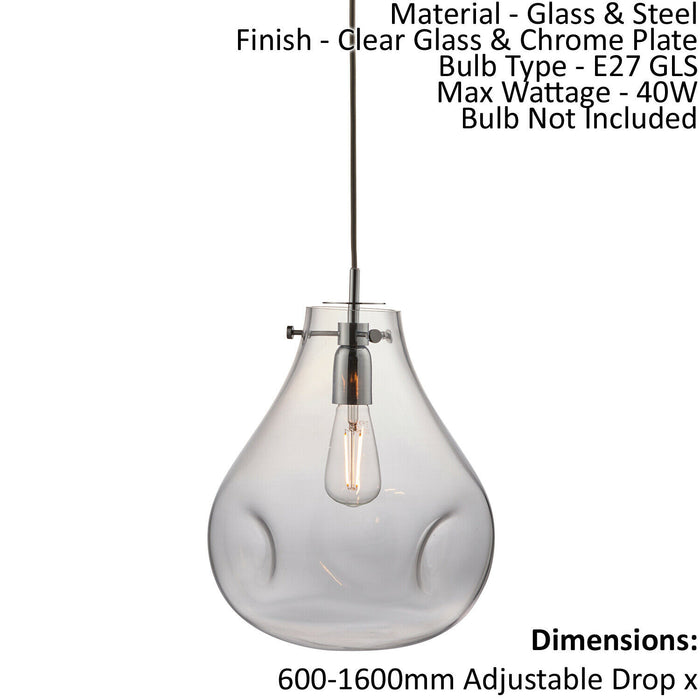 Ceiling Pendant Light - Clear Glass & Chrome Plate - 40W E27 - Dimmable Loops