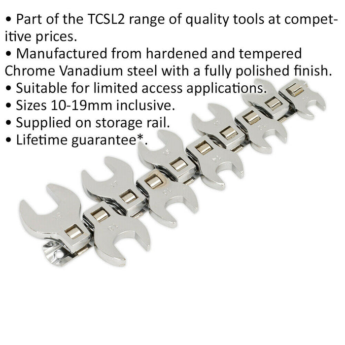 10pc Open Ended Crows Foot Spanner Socket Set - 3/8" Square Drive - 10 to 19mm Loops