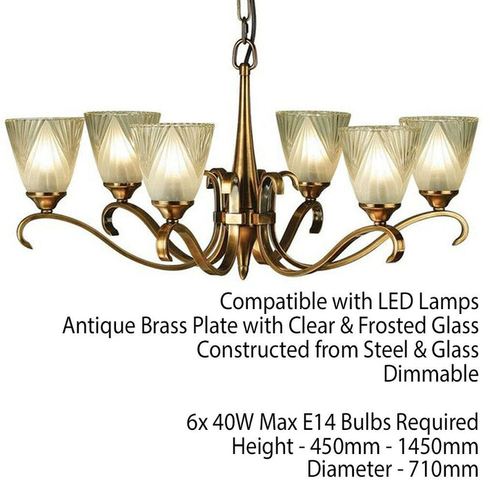 Luxury Hanging Ceiling Pendant Light Antique Brass Deco Glass 6 Lamp Chandelier Loops