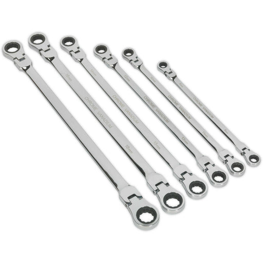 6pc Flexible Head EXTRA LONG Ratchet Ring Spanner Set - 12 Point Metric Double Loops