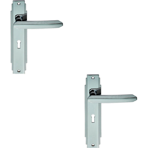 2x PAIR Line Detailed Handle on Lock Backplate 205 x 45mm Polished Chrome Loops