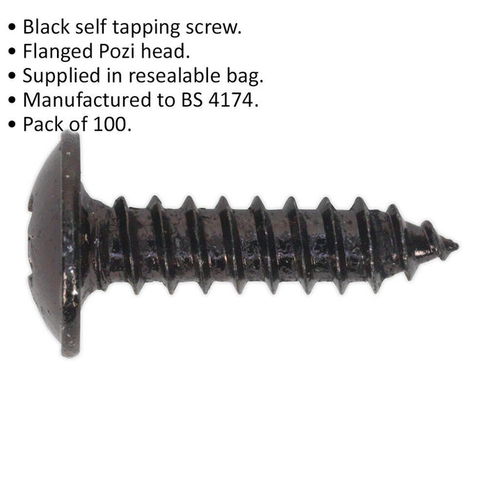 100 PACK 4.2 x 16mm Self Tapping Black Screw - Flanged Pozi Head - Fixings Screw Loops