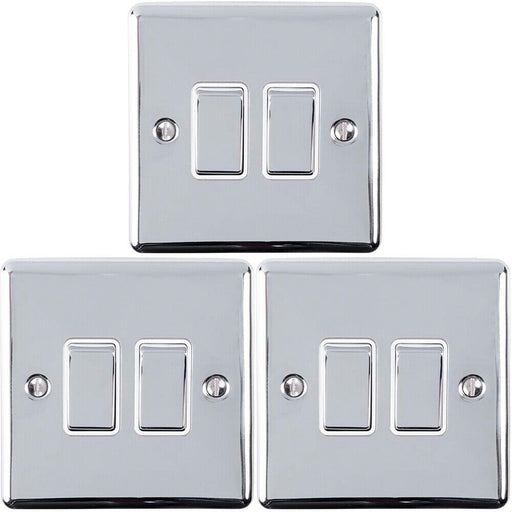 3 PACK 2 Gang Double Metal Light Switch POLISHED CHROME 2 Way 10A White Trim Loops