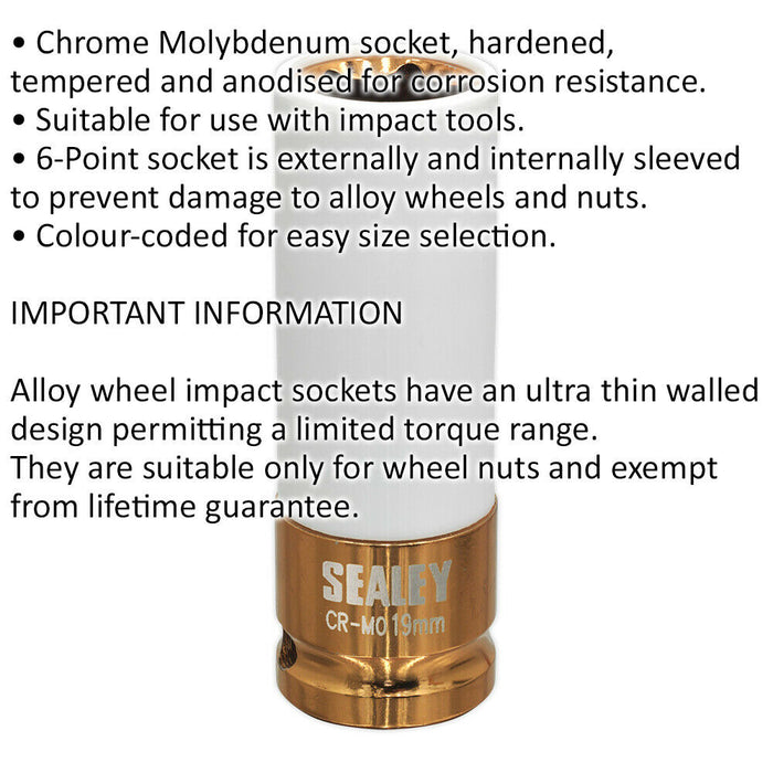 19mm Alloy Wheel Impact Socket - 1/2" Square Drive - Rim Protect Sleeved Socket Loops