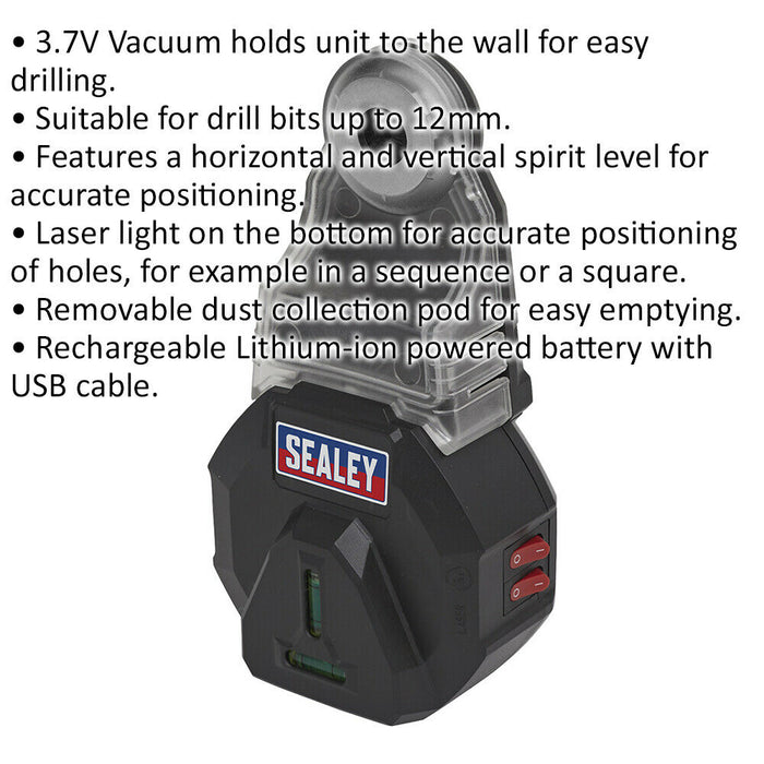 3.7V Drill Vacuum Dust Extractor - Suits Up To 12mm Drill Bits - Spirit Level Loops