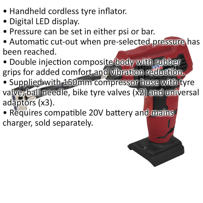 20V Cordless Tyre Inflator - Automatic Cut Out - BODY ONLY - Composite Build Loops