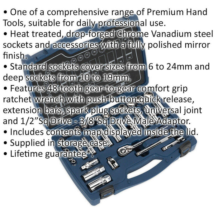34pc PREMIUM Deep Socket & Ratchet Handle Set 3/8" Square Drive 6 Point Metric Loops