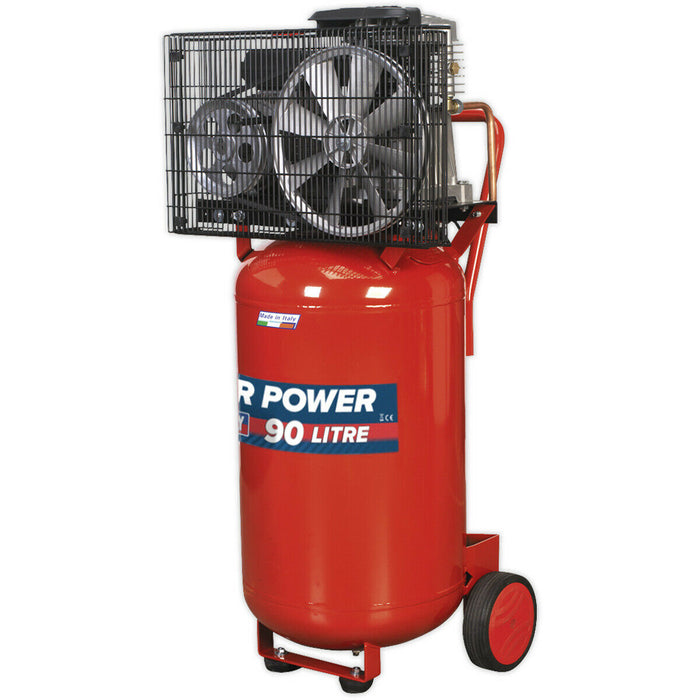 90 Litre Vertical Belt Drive Air Compressor - 3hp Motor - Quick Release Coupling Loops