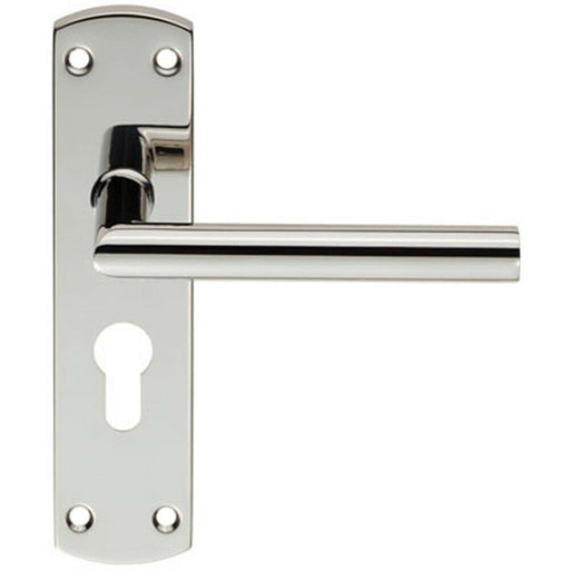 Mitred Lever Door Handle on Euro Lock Backplate 172 x 44mm Polished Steel Loops