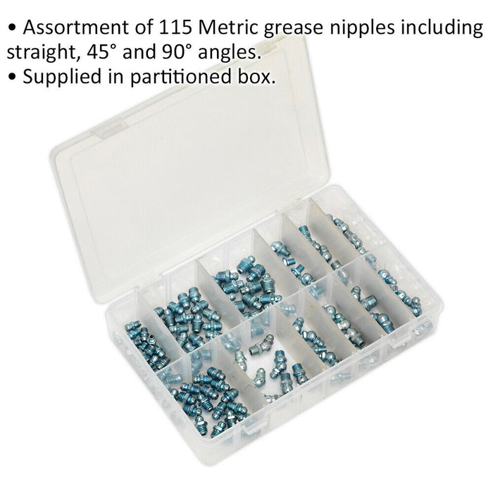 115 Piece Grease Nipple Assortment - Straight 45° & 90° - Metric Sizing Loops