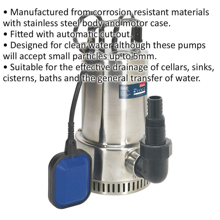 Submersible Stainless Steel Clean Water Pump - 250L/Min - Automatic Cut-Out Loops