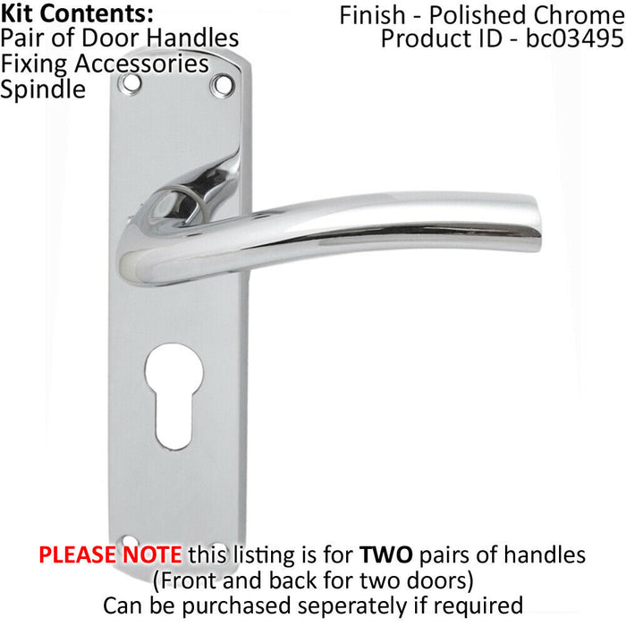 2x Rounded Curved Bar Handle on Euro Lock Backplate 170 x 42mm Polished Chrome Loops