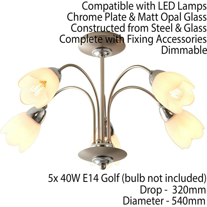 Semi Flush Ceiling Light Chrome & Opal 5 Bulb Shade Chandelier Dimmable Pendant Loops