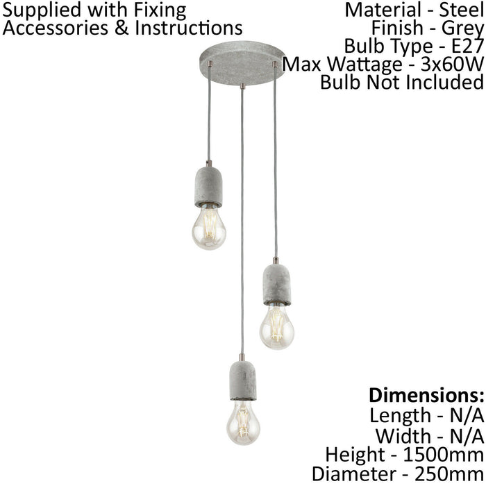 Pendant 3 Bulb Ceiling Light Steel Rose Grey Concrete Shade Bulb E27 3x60W Loops