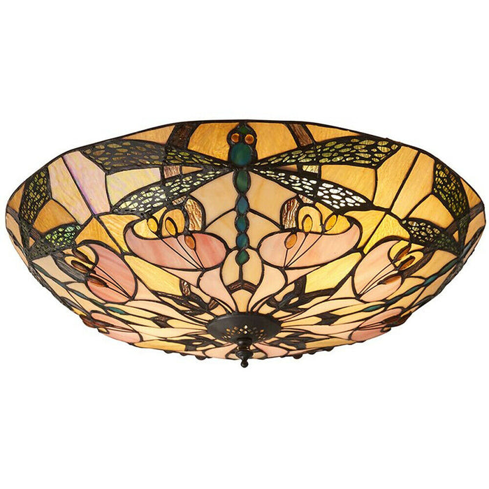 Tiffany Glass Semi Flush Ceiling Light Dragonfly Round Inverted Shade i00032 Loops