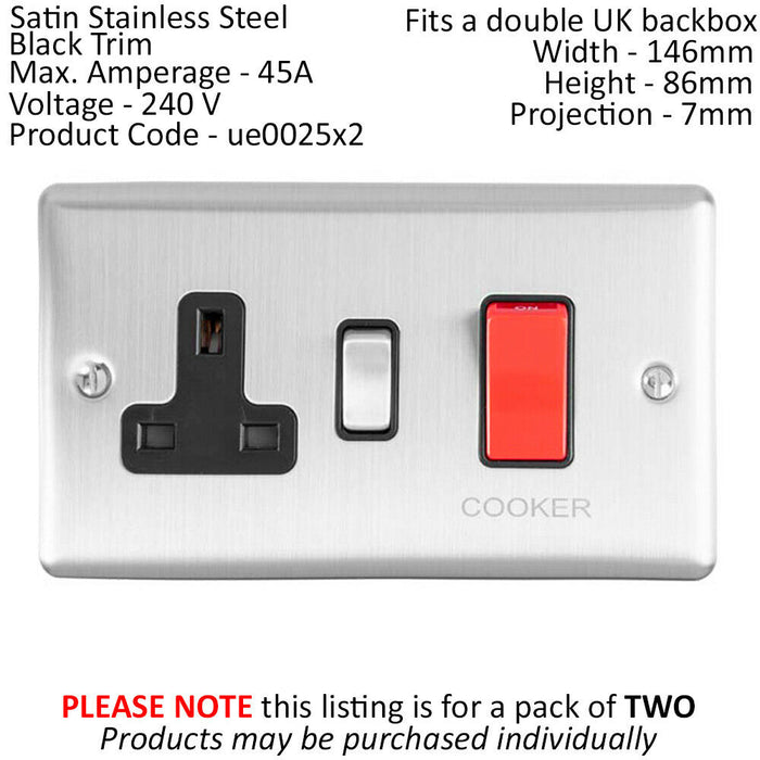 2 PACK 45A DP Oven Switch & Single 13A Switched Power Socket SATIN STEEL & White Loops